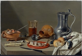 STILL LIFE ON THE THEME OF SMOKING, WITH LARGE PEWTER JUG, STONEWARE JUG, BEER GLASS AND HERRING by Pieter Claesz